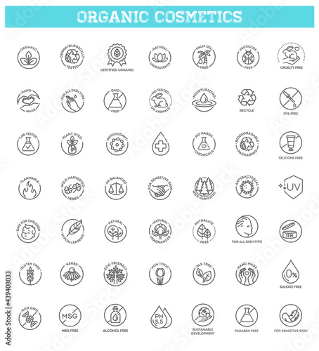 Natural organic cosmetics, vegan food symbols. Thin signs for packaging