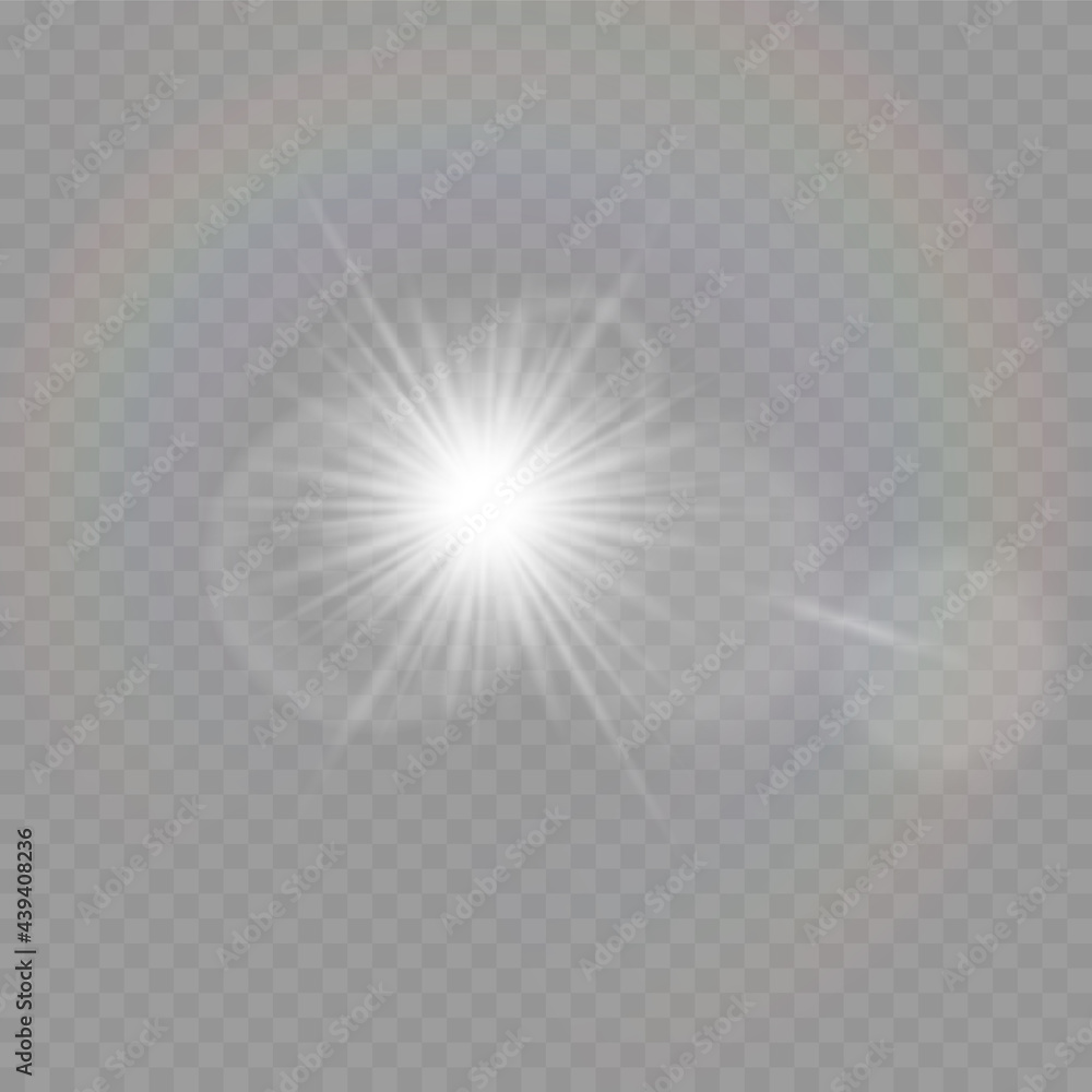 Shining glare rays, lens flare, light effect.