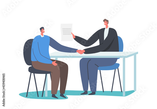 Customer Male Character Visiting Bank for Transaction Payment History. Banker with Paper Document Shaking Hand to Client