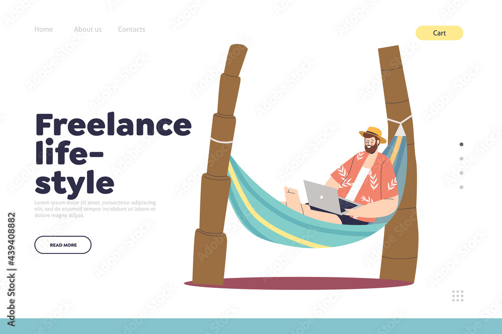 Freelance lifestyle landing page with freelancer guy work on laptop lying in hammock on island Freelance lifestyle landing page with freelancer guy work on laptop lying in hammock on island