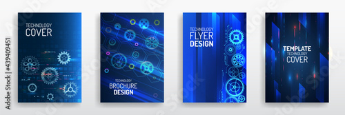 Contemporary science and digital technology concept. Vector template for brochure or cover with gears, mechanical elements background. Blue layout futuristic brochures, flyers, placards.