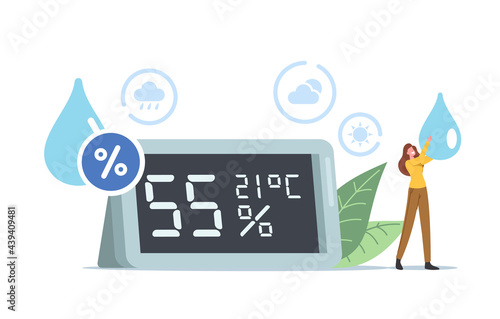 Air Humidity Concept. Tiny Girl Character with Water Drop in Hands Stand at Huge Hygrometer Show Atmosphere and Climate photo