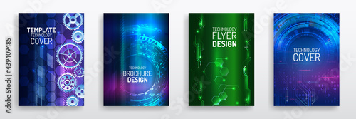 Colorful layout futuristic brochures, flyers, placards. Contemporary science and digital technology concept. Vector template for brochure or cover with hi-tech elements background.