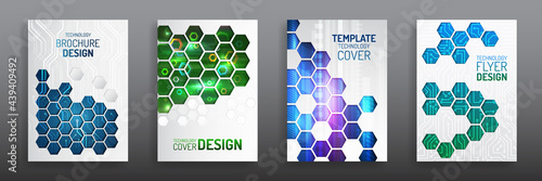 Abstract technology cover with hexagon elements. High tech brochure design concept. Futuristic business layout. Digital poster templates.