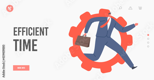 Efficient Time Landing Page Template. Tiny Male Character Running Inside of Huge Gear, Cogwheel Mechanism, Productivity