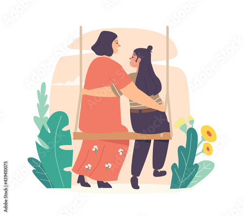 Mothers Day Concept, Mom and Girl Embrace Sitting on Swing. Loving Mother and Teenager Daughter Characters Communication