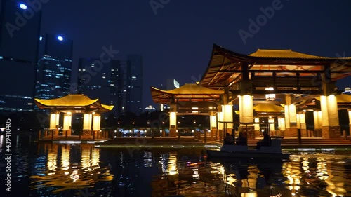 night illuminated foshan city famous downtown park bay gazebo panorama 4k china photo