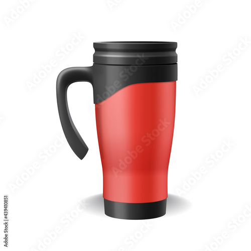 Realistic thermo cup red with black plastic handle isolated. Template travel mugs, tumbler