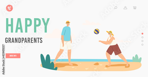 Happy Grandparents Recreation Landing Page Template. Senior Couple Playing Beach Volleyball on Sea Shore Throw Ball