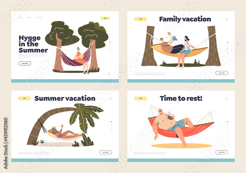 People relaxing in hammocks outdoors on summer vacation: hammocks in garden or on tropical resorts