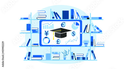 Financial literacy education concept. Shelf with books, tablet and currency signs