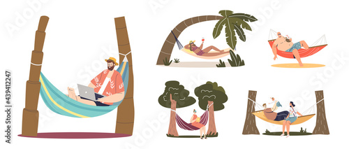 People in hammock: set of cartoon characters relax, rest, read, drink cocktails or work outdoors