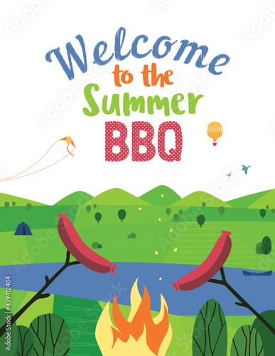 Summer BBQ welcome invitation vector poster. Cartoon retro style outdoor background. Welcome invitation to barbecue picnic. Summertime season holiday fun leisure banner. Lake green valley illustration