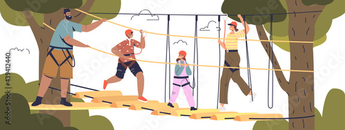 Big family in adventure rope park together: mom, dad and kids climbing in skypark wearing helmets.