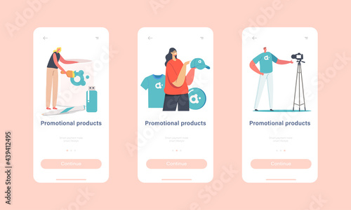 Promotional Products Mobile App Page Onboard Screen Template. Tiny Characters with Huge Brand Identity Items with Logo