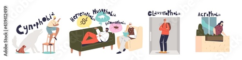 Human phobias and fears: set of cartoon characters suffering from claustrophobia, acrophobia