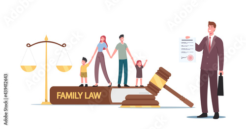 Tiny Characters Husband, Wife and Kid at Huge Gavel, Scales and Family Law Book in Judge Courthouse During Court Hearing