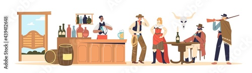 Wild west concept bar with people cowboys dressed in western clothes drinking and communicating
