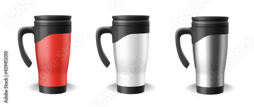 Set of thermo cups realistic blank templates in red, white and silver. 3d travel mug and thermos
