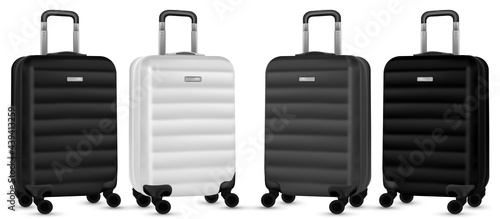 Bag travel. Silver travel plastic suitcase or vacation baggage bag collection isolated on white background. Copy space of summer vacation and business travel concept.