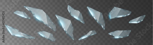 Shards of broken glass and cracks with transparency. Realistic 3d glass cracked pieces