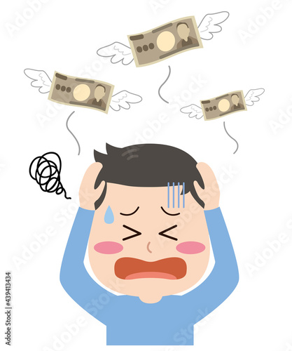 お金が飛んで行って頭を抱える男性