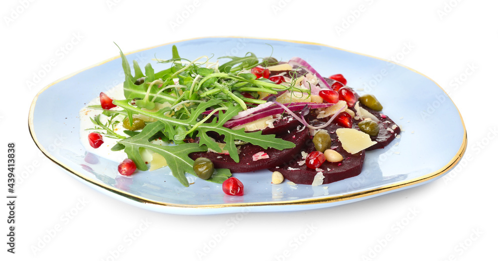 Plate with delicious beetroot carpaccio on white background Plate with delicious beetroot carpaccio on white background