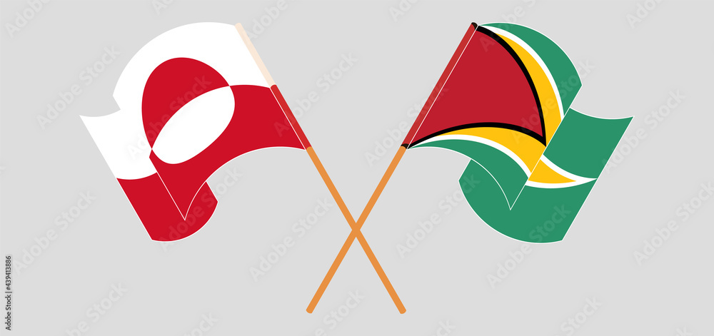Crossed and waving flags of Greenland and Guyana Crossed and waving flags of Greenland and Guyana