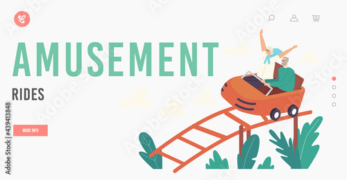 Amusement Rides Landing Page Template. Excited Senior Couple Characters Riding Roller Coaster. Aged Woman Cheer