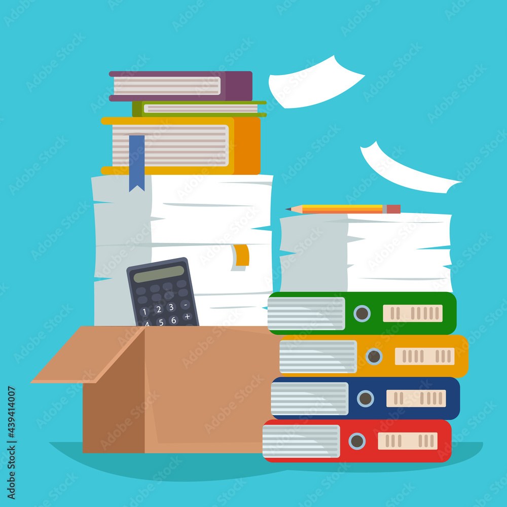 Heap of paper document file folders and cardboard boxes. Huge pile of paperwork. Bureaucracy concept. Flat style isolated vector illustration on white background.