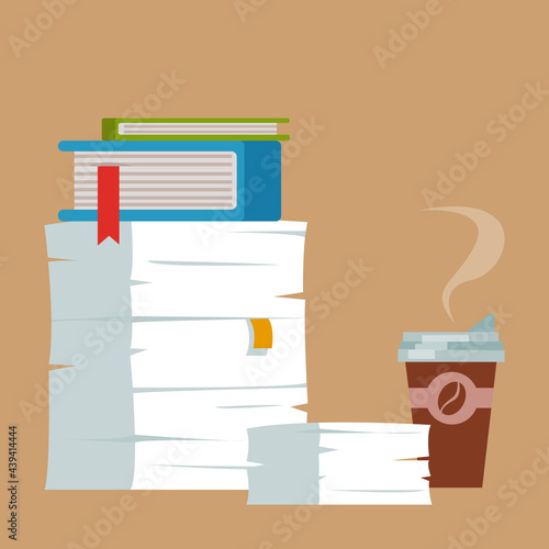 A pile of folders of paper documents and a glass of coffee. Extracurricular work. A huge pile of documents. Bureaucracy concept. Flat style isolated vector illustration on beige flat background