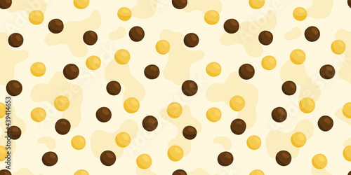 Cereal milk breakfast seamless pattern. Cartoon chocolate oatmeal print. Cute background with different sweet cornflakes. Vector illustration