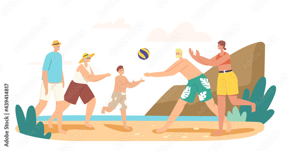 Obraz premium Grandparents, Parents and Child Playing Beach Volleyball on Sea Shore. Happy Characters Competition, Game and Recreation