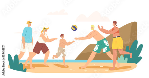 Grandparents, Parents and Child Playing Beach Volleyball on Sea Shore. Happy Characters Competition, Game and Recreation