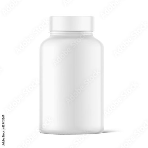 White jar with flat cap mockup isolated on white background. Vector illustration. Front view. Сan be used for food, cosmetic and other needs. EPS10	