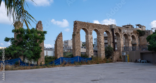 The 200 year old Ottoman aqueduct  supplied water from Cabri springs to Akko  western Galilee  Israel. Ruins of the Turkish aqueduct in the Mazraa  Arabic village.