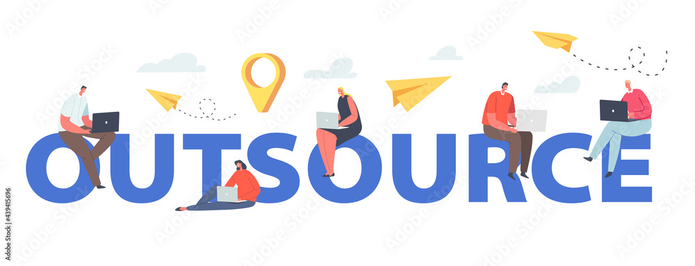 Outsource Concept. Global Outsourcing Businesspeople Characters Team with Laptops Working Distantly over the World Outsource Concept. Global Outsourcing Businesspeople Characters Team with Laptops Working Distantly over the World