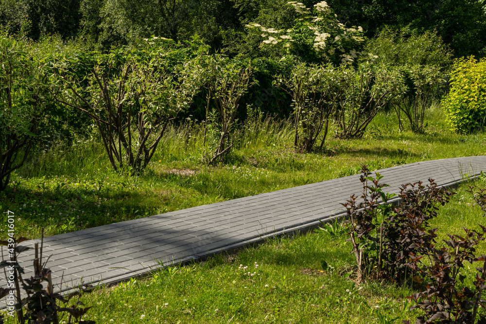 Footpath with grass texture background, paved path pattern Footpath with grass texture background, paved path pattern