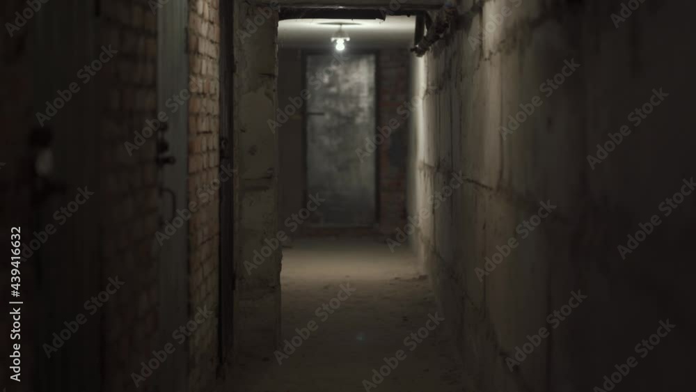 Empty scary dark hallway, cellar with concrete, brick walls with closed door. Old electrical lamps on ceiling. Black bomb shelter at the old industrial factory. Inside view. Empty scary dark hallway, cellar with concrete, brick walls with closed door. Old electrical lamps on ceiling. Black bomb shelter at the old industrial factory. Inside view.