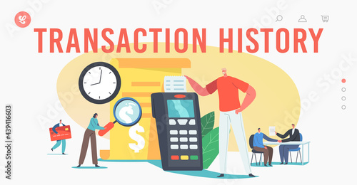 Transaction History Landing Page Template. Tiny Characters Read Bill at Huge Card Reader Machine or Pos Terminal