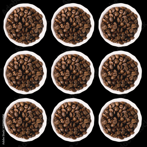 Coffee beans in a white plate on a black background. Pattern