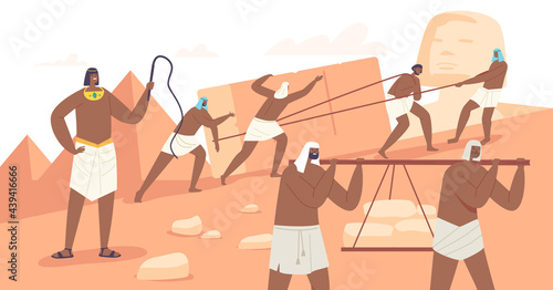 Slaves Building Egyptian Pyramids in Giza Desert. Master with Whip Managing Construction Process. Ancient Egypt