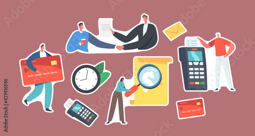 Set of Stickers Transaction Pay History. Tiny Character Read Huge Bill, Man with Credit Card, Pos Terminal Technologies