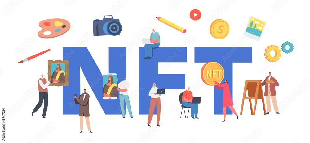 NFT, Non Fungible Token Concept. Characters Use Cryptocurrency, Making Digital Transaction for Buying Masterpieces NFT, Non Fungible Token Concept. Characters Use Cryptocurrency, Making Digital Transaction for Buying Masterpieces