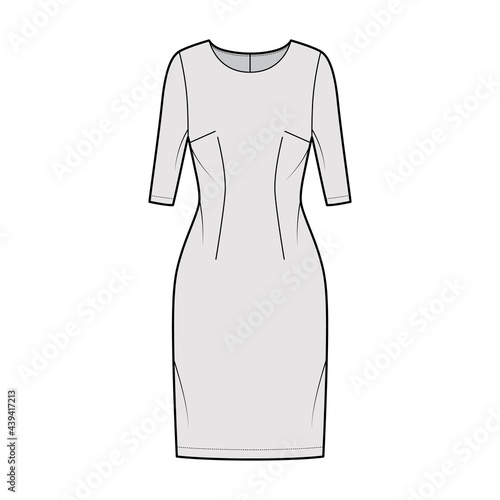 Dress sheath technical fashion illustration with elbow sleeves, fitted body, knee length pencil skirt. Flat apparel front, grey color style. Women, men unisex CAD mockup