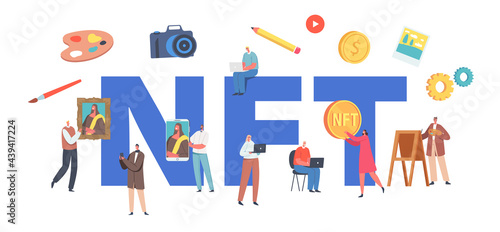 NFT, Non Fungible Token Concept. Characters Use Cryptocurrency, Making Digital Transaction for Buying Masterpieces