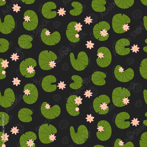 Pink lotuses in the dark pond top view. Seamless lily pattern. Water flowers and plants. Lake background with water lilies. Endless ornament. Nature backdrop. Vector flat hand drawn illustration.