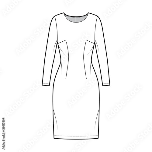 Dress sheath technical fashion illustration with long sleeves, fitted body, knee length pencil skirt. Flat apparel front, white color style. Women, men unisex CAD mockup