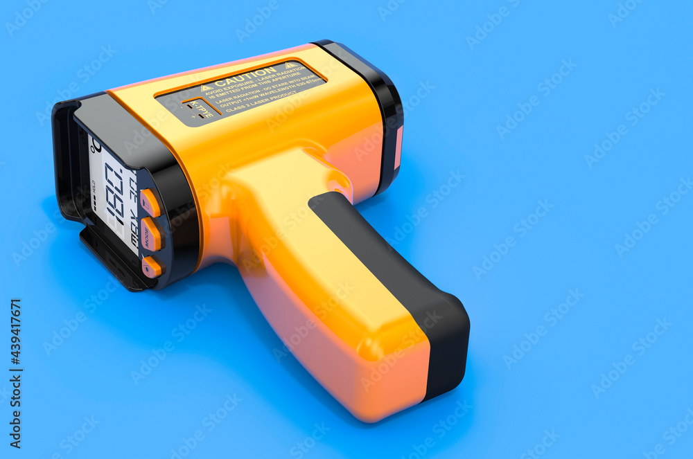 Digital Infrared Thermometer on blue backdrop, 3D rendering Digital Infrared Thermometer on blue backdrop, 3D rendering