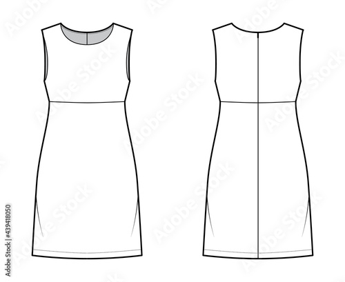 Dress empire line technical fashion illustration with sleeveless, oversized body, knee length A-line skirt. Flat apparel front, back, white color style. Women, men unisex CAD mockup